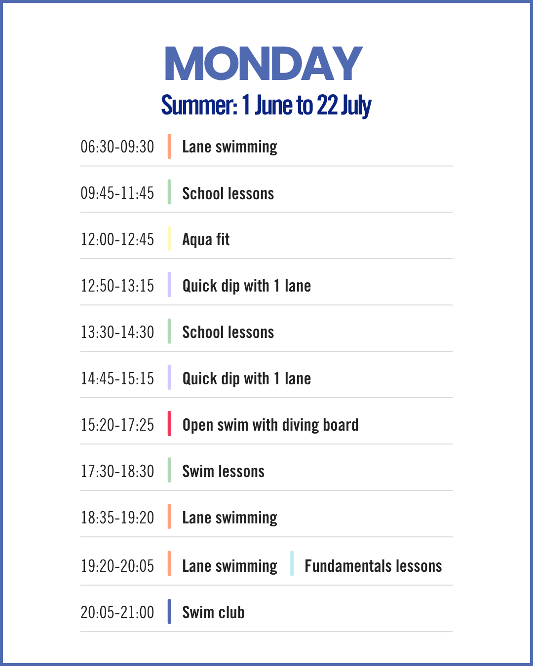 Summer Monday schedule