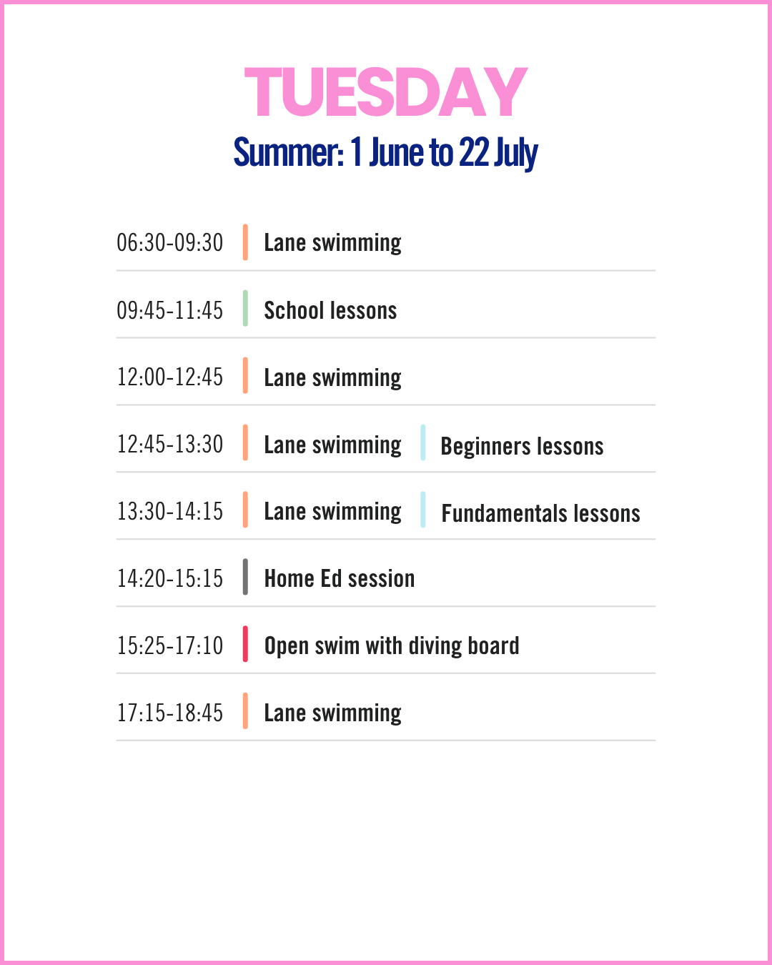 Summer Tuesday Schedule